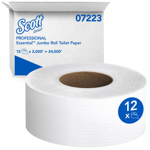 Scott Essential JRT Jumbo Roll Bathroom Tissue, Septic Safe, 1-Ply, White, 3.55" x 2,000 ft, 12 Rolls/Carton (07223)