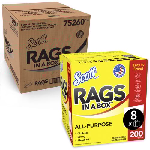 Scott Rags in a Box, POP-UP Box, 12 x 9, White, 200/Box, 8 Boxes/Carton (75260CT)
